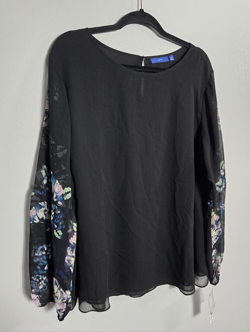 Apt 9 Black Chiffon Blouse Plus Size 2X Sheer Floral Statement Balloon Sleeve - Picture 2 of 7